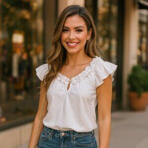 Never a Wallflower White Cottagecore Flutter-Sleeve Ruffle Poplin Blouse Small